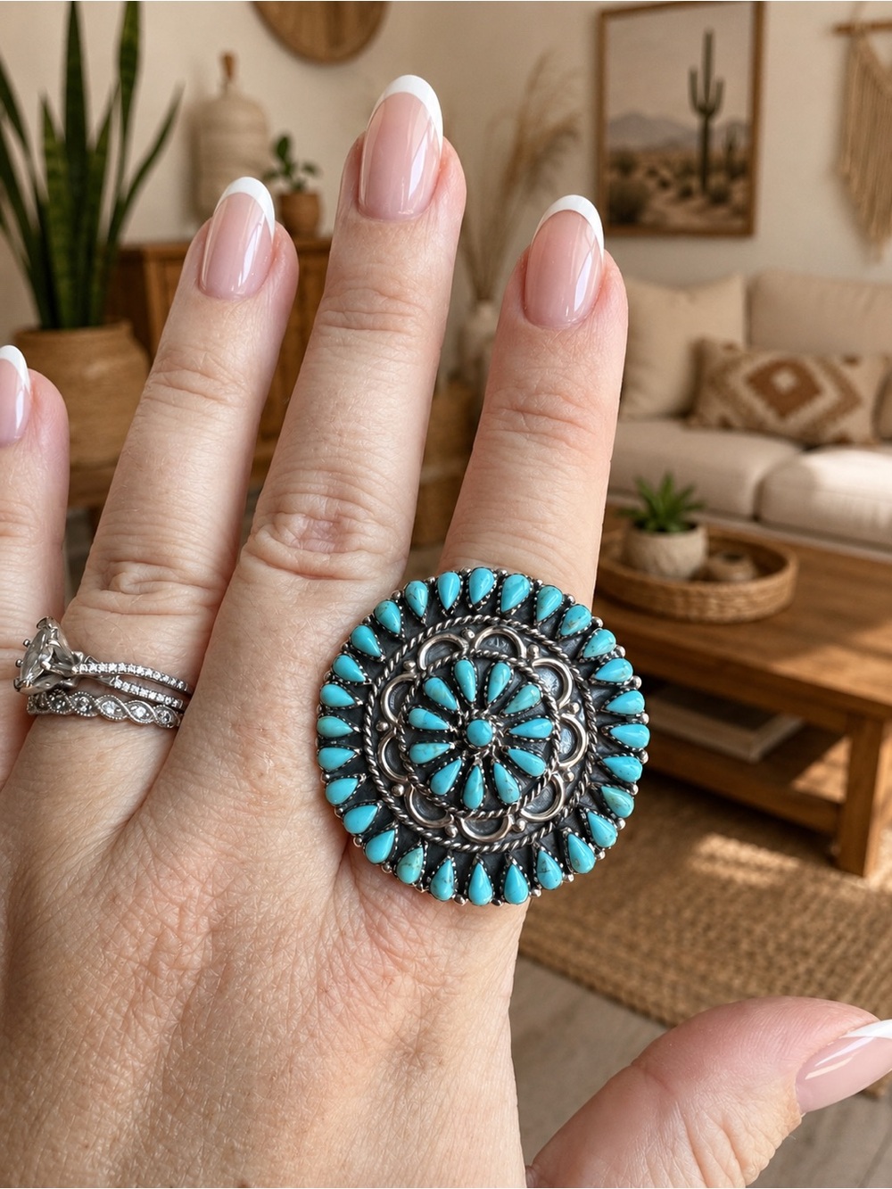 Signed Needlepoint Turquoise Sterling Silver Ring size 9.5 (Fits like a 9) 🩵